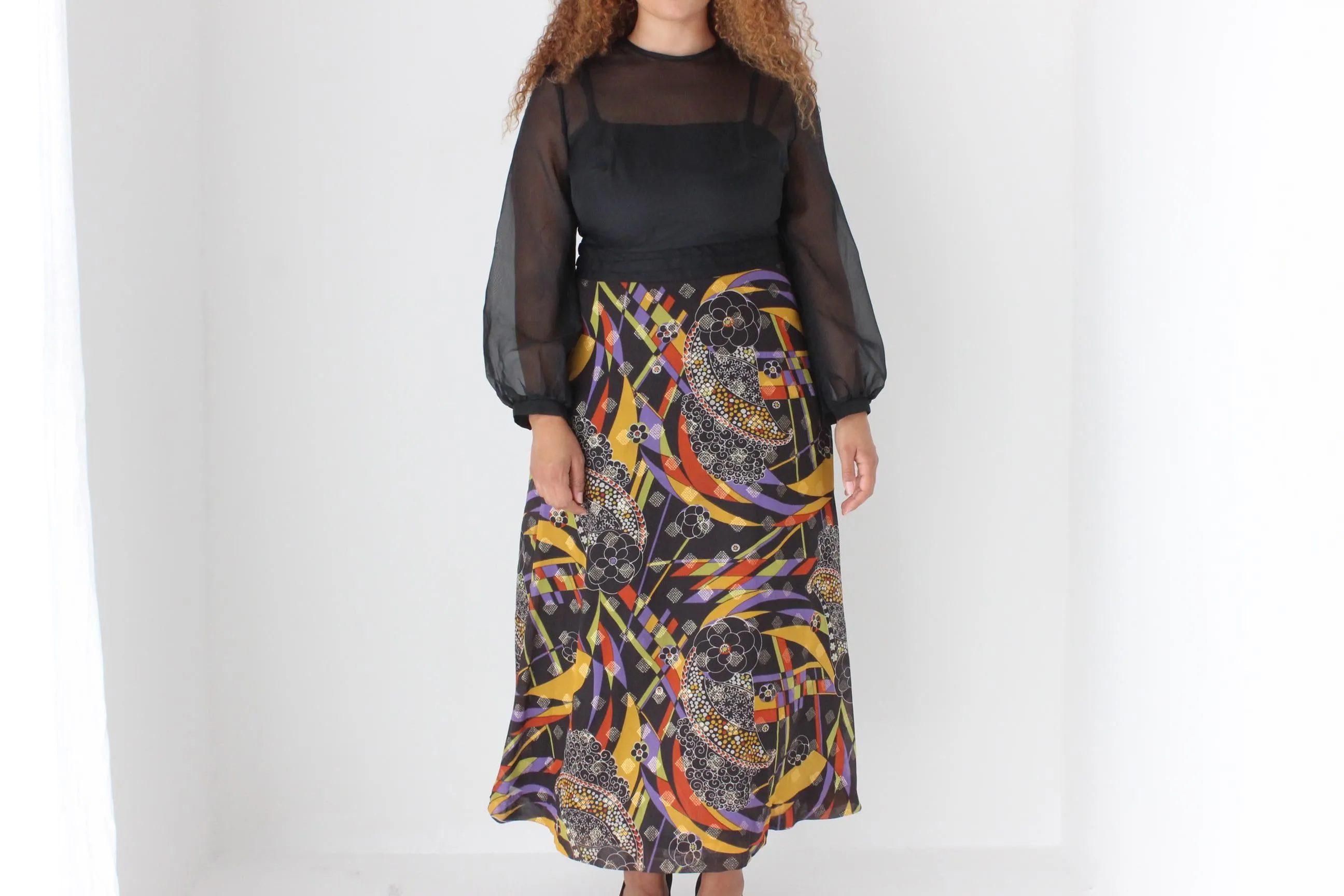 Divine 70s Organza Blouson Sleeve Psychedelic Party Dress