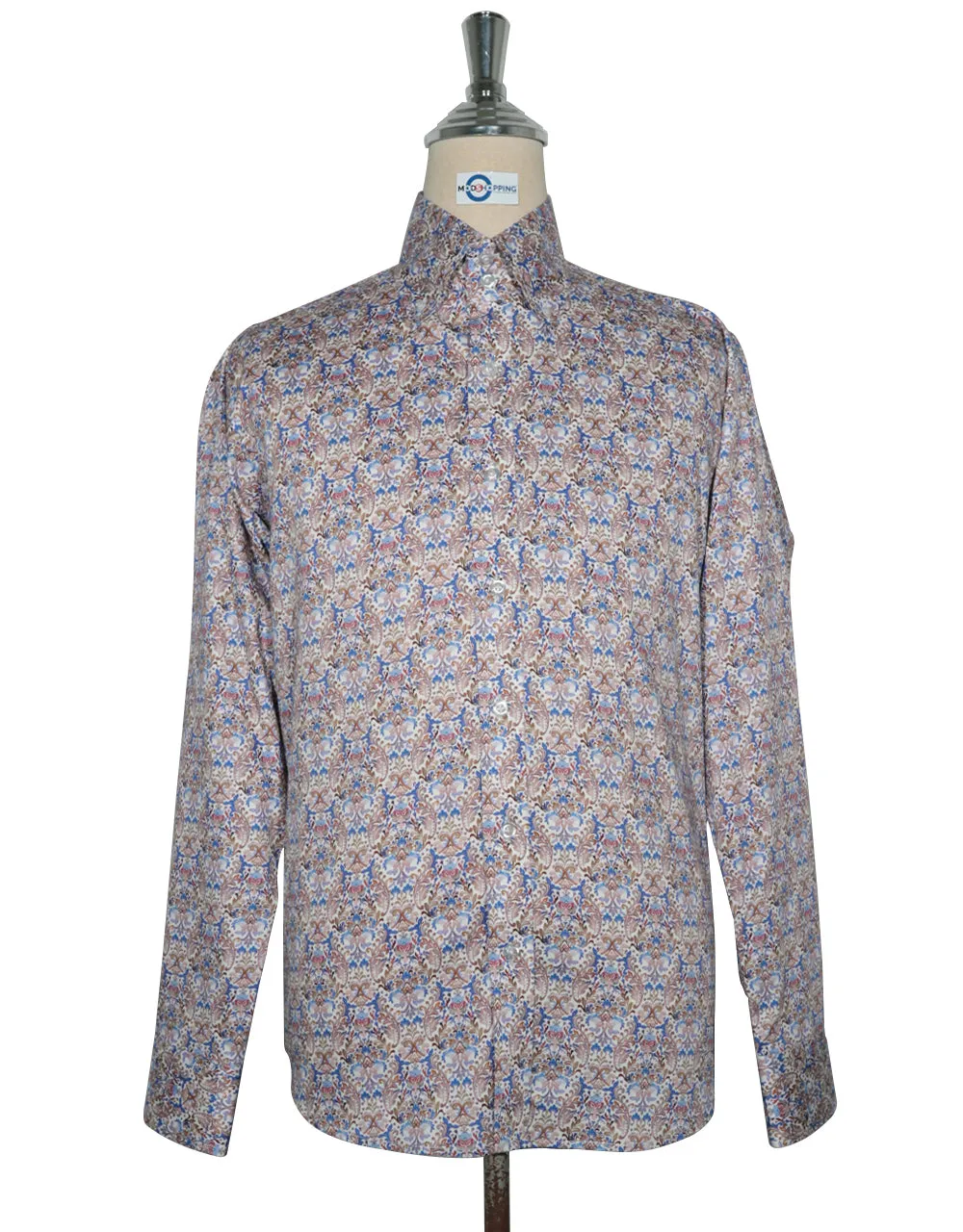 Double Collar Shirt - 60s Style Brown and Blue Floral Shirt