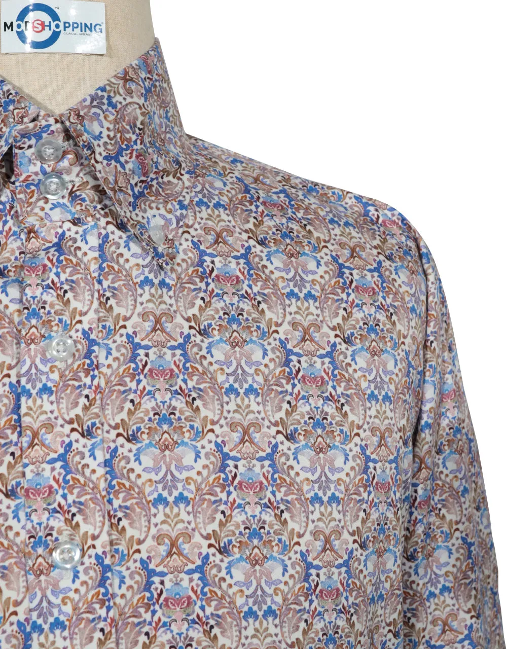 Double Collar Shirt - 60s Style Brown and Blue Floral Shirt