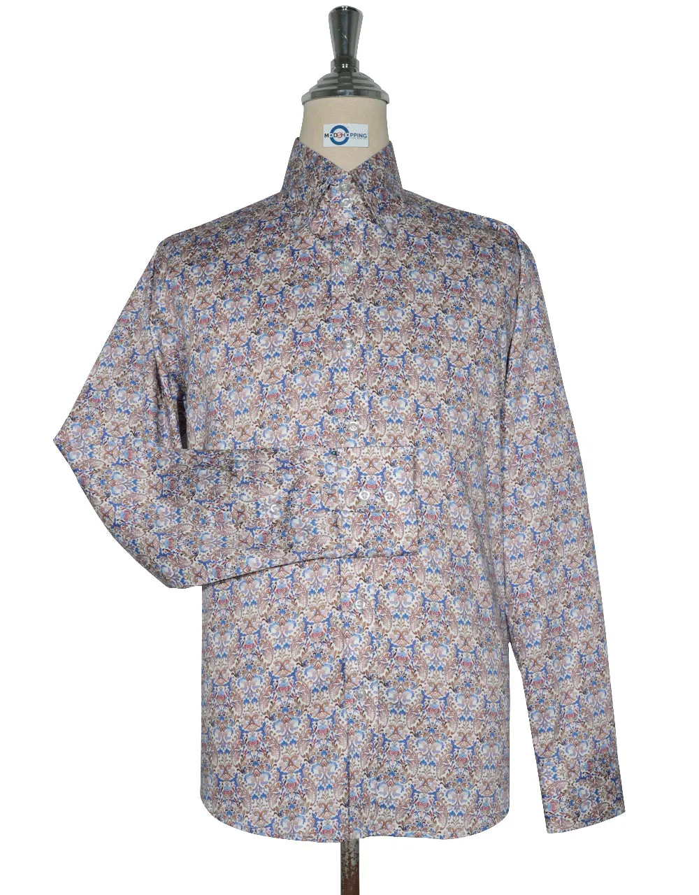 Double Collar Shirt - 60s Style Brown and Blue Floral Shirt