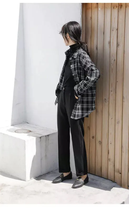 Flytonn-cute winter outfits casual winter outfits christmas outfit party look inspos Long Sleeve Retro Black Plaid Shirt