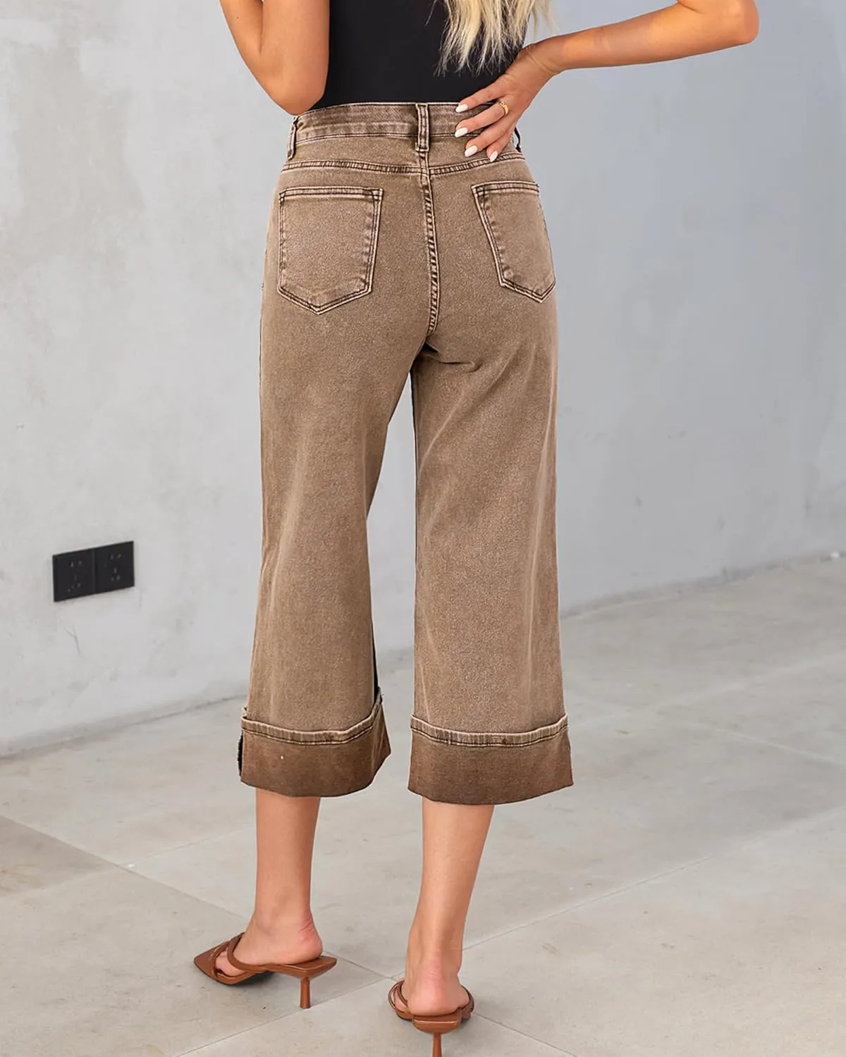 GRAPENT Wide Leg Jeans for Women High Waisted Stretchy Denim Crop Pants Fold Hem Cropped Baggy Jeans with Pockets