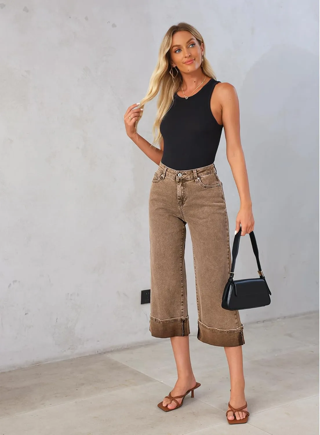 GRAPENT Wide Leg Jeans for Women High Waisted Stretchy Denim Crop Pants Fold Hem Cropped Baggy Jeans with Pockets