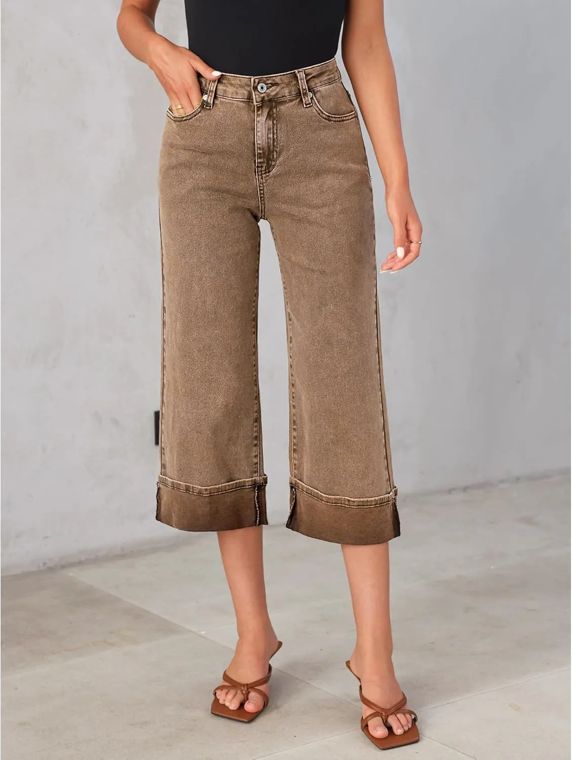 GRAPENT Wide Leg Jeans for Women High Waisted Stretchy Denim Crop Pants Fold Hem Cropped Baggy Jeans with Pockets