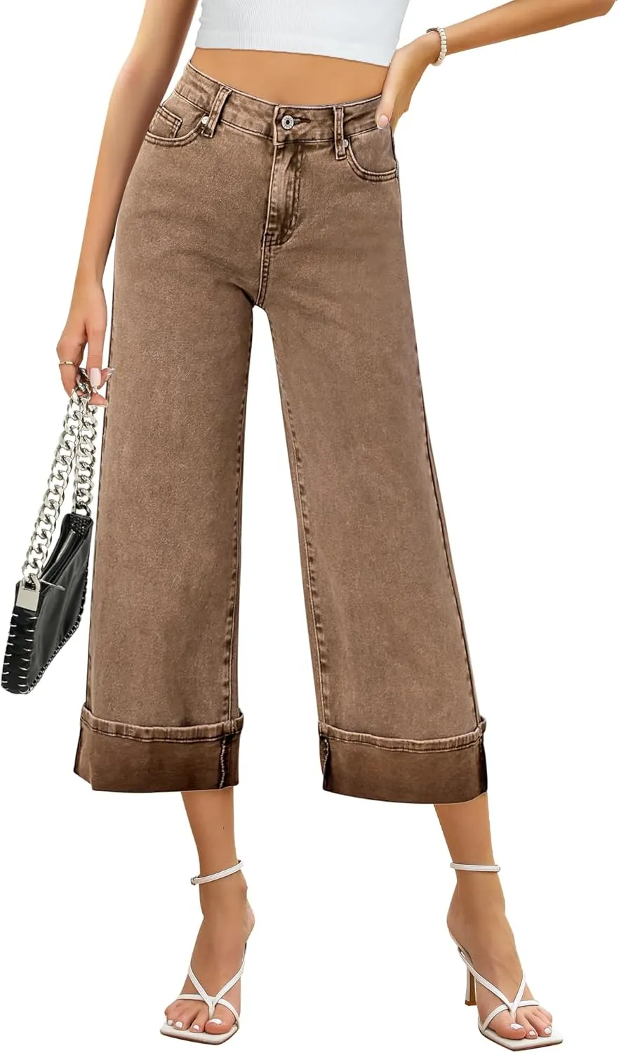 GRAPENT Wide Leg Jeans for Women High Waisted Stretchy Denim Crop Pants Fold Hem Cropped Baggy Jeans with Pockets