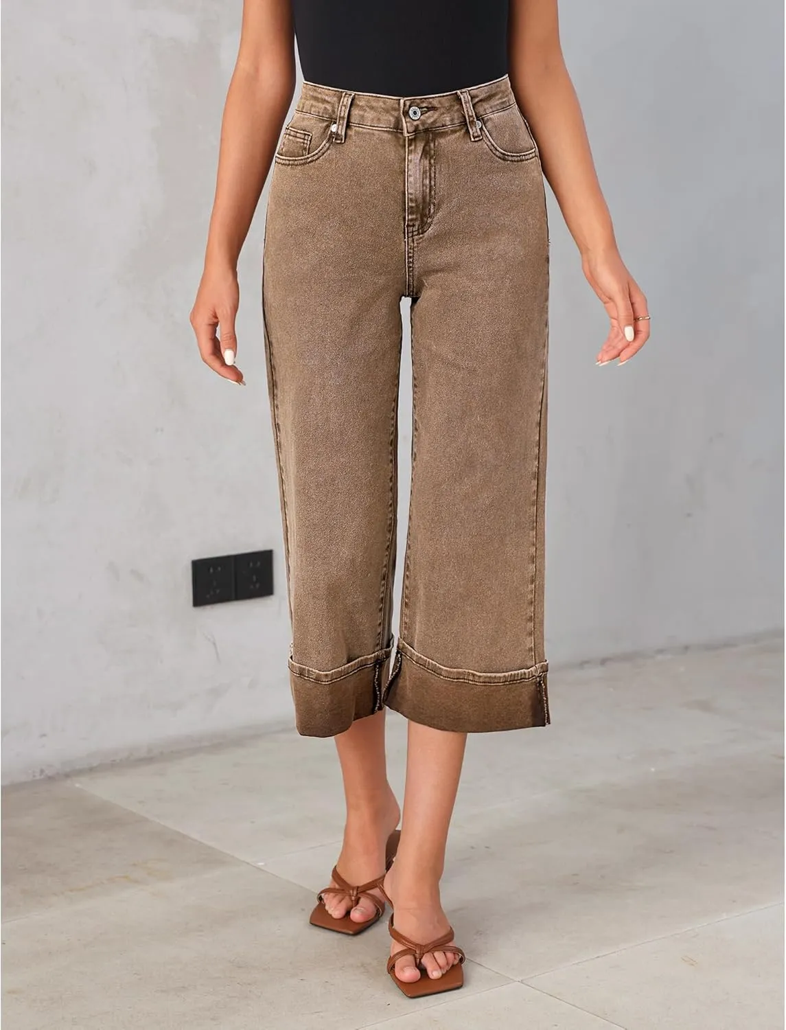 GRAPENT Wide Leg Jeans for Women High Waisted Stretchy Denim Crop Pants Fold Hem Cropped Baggy Jeans with Pockets