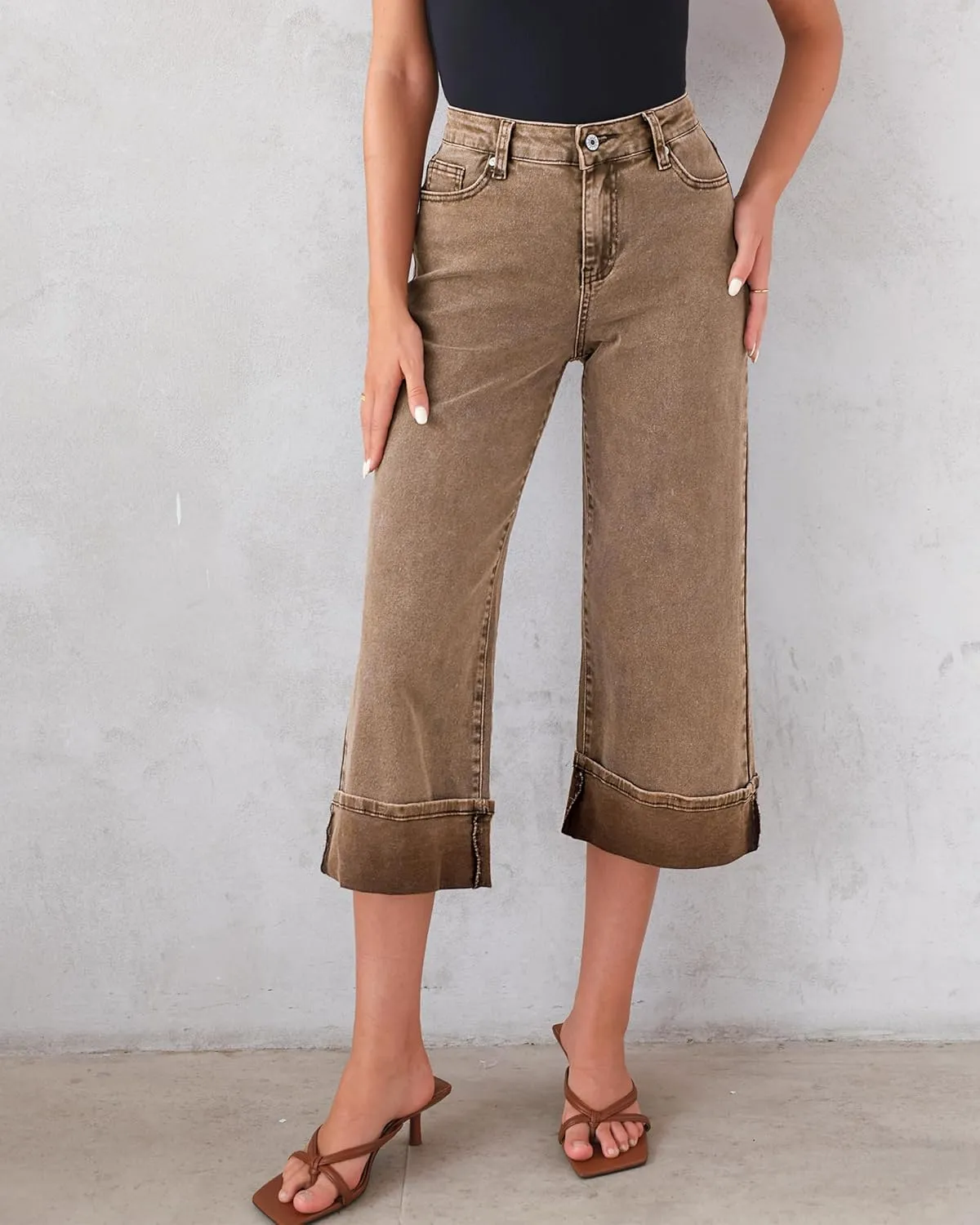 GRAPENT Wide Leg Jeans for Women High Waisted Stretchy Denim Crop Pants Fold Hem Cropped Baggy Jeans with Pockets