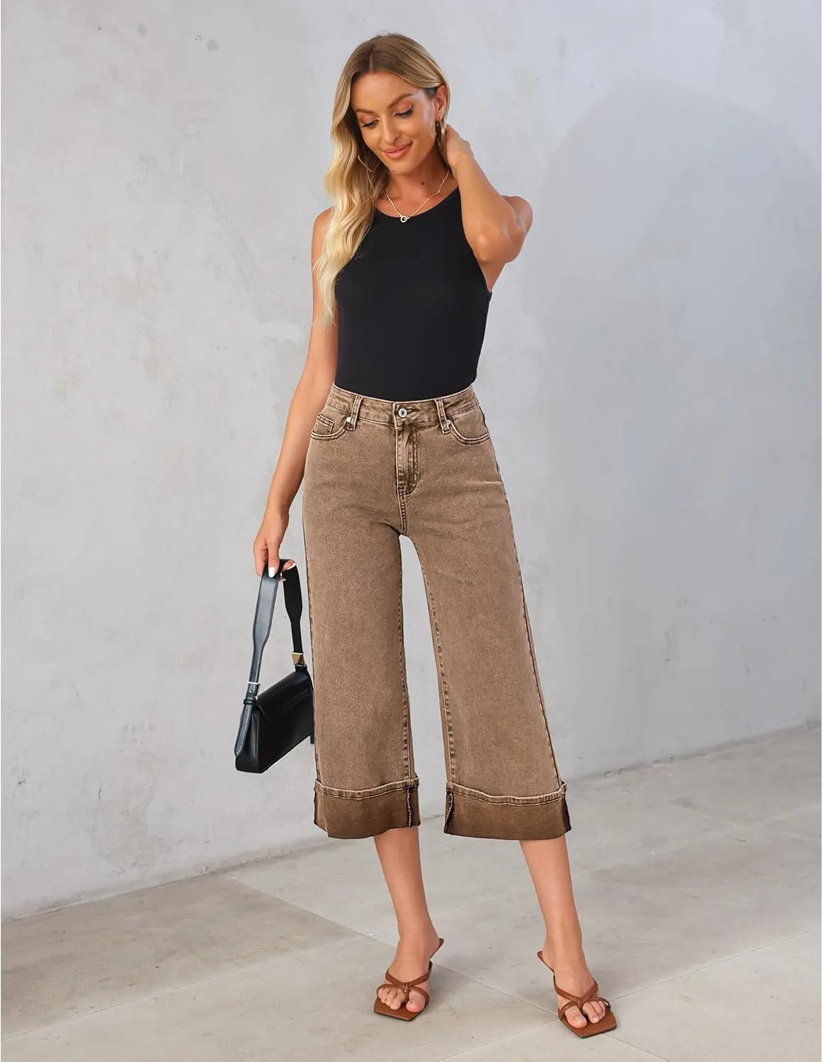 GRAPENT Wide Leg Jeans for Women High Waisted Stretchy Denim Crop Pants Fold Hem Cropped Baggy Jeans with Pockets