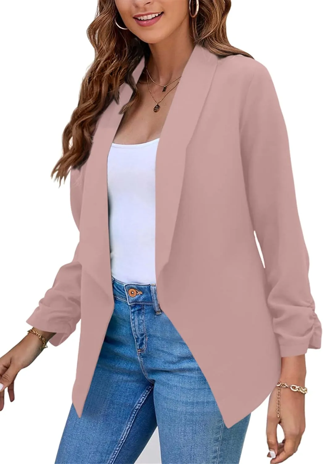 GRASWE Women's Open Front Button Casual Jacket Lapel Collared Summer Jacket Work Solid Long Sleeve Cardigan Jacket