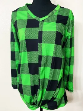 Green Buffalo Plaid 3/4 Sleeve Twist Hem Top