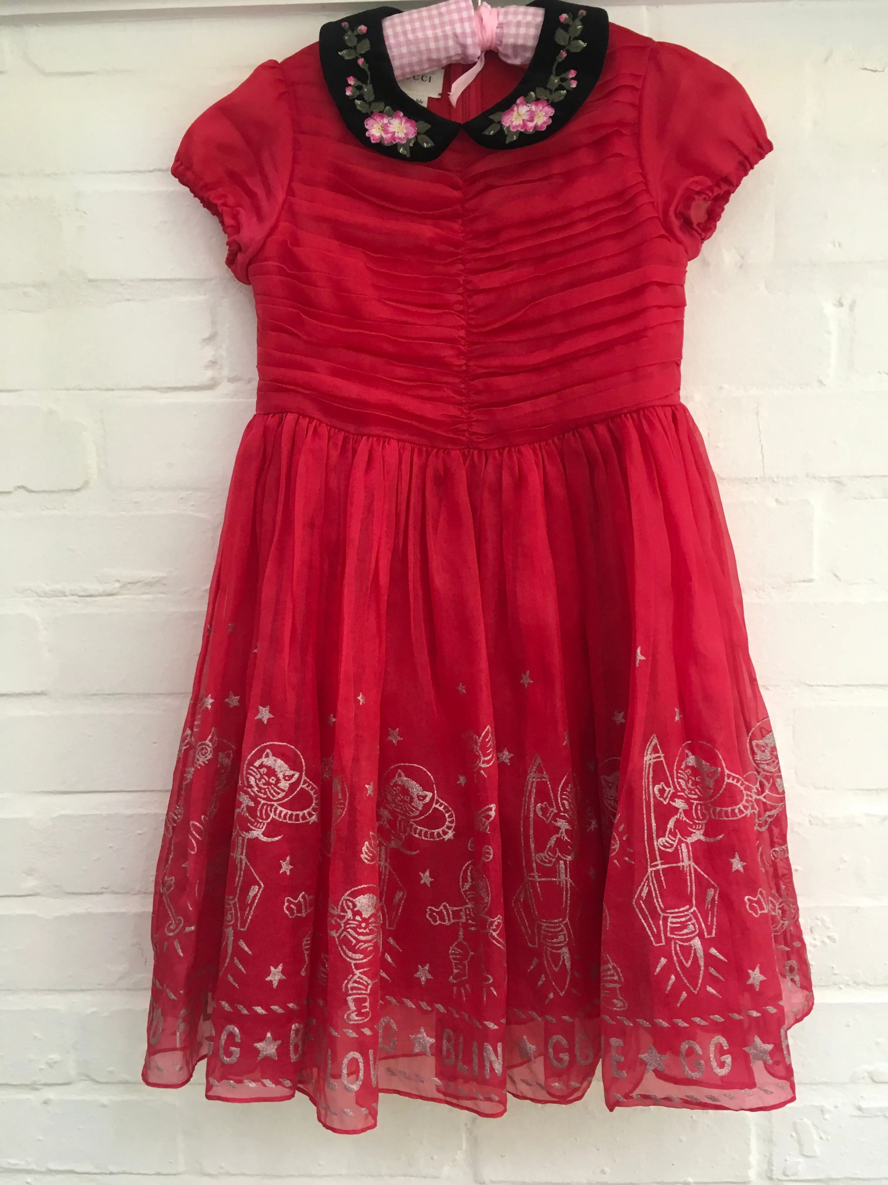 GUCCI 2017/2018 GIRLS EMBROIDED RED BLIND FOR LOVE SILK DRESS CHILDREN