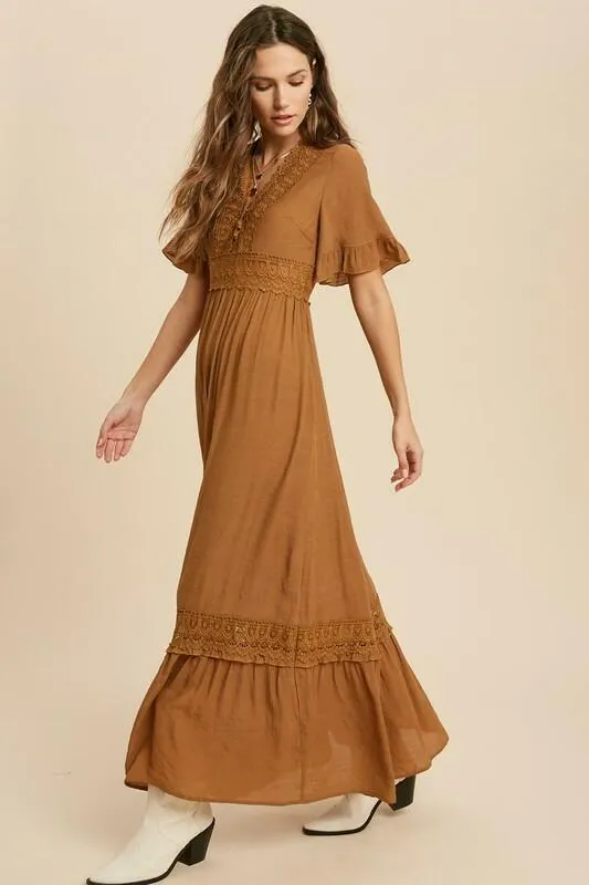 Heart Of Soul Camel Short Sleeve Maxi Dress