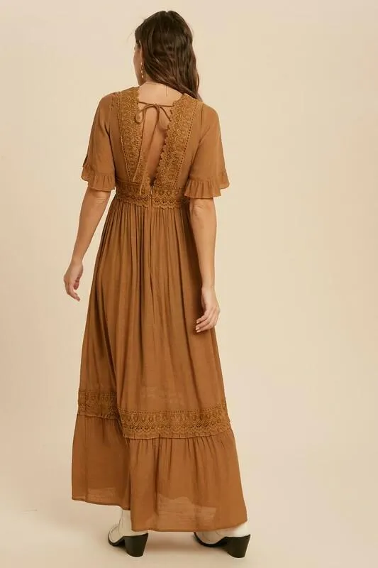 Heart Of Soul Camel Short Sleeve Maxi Dress