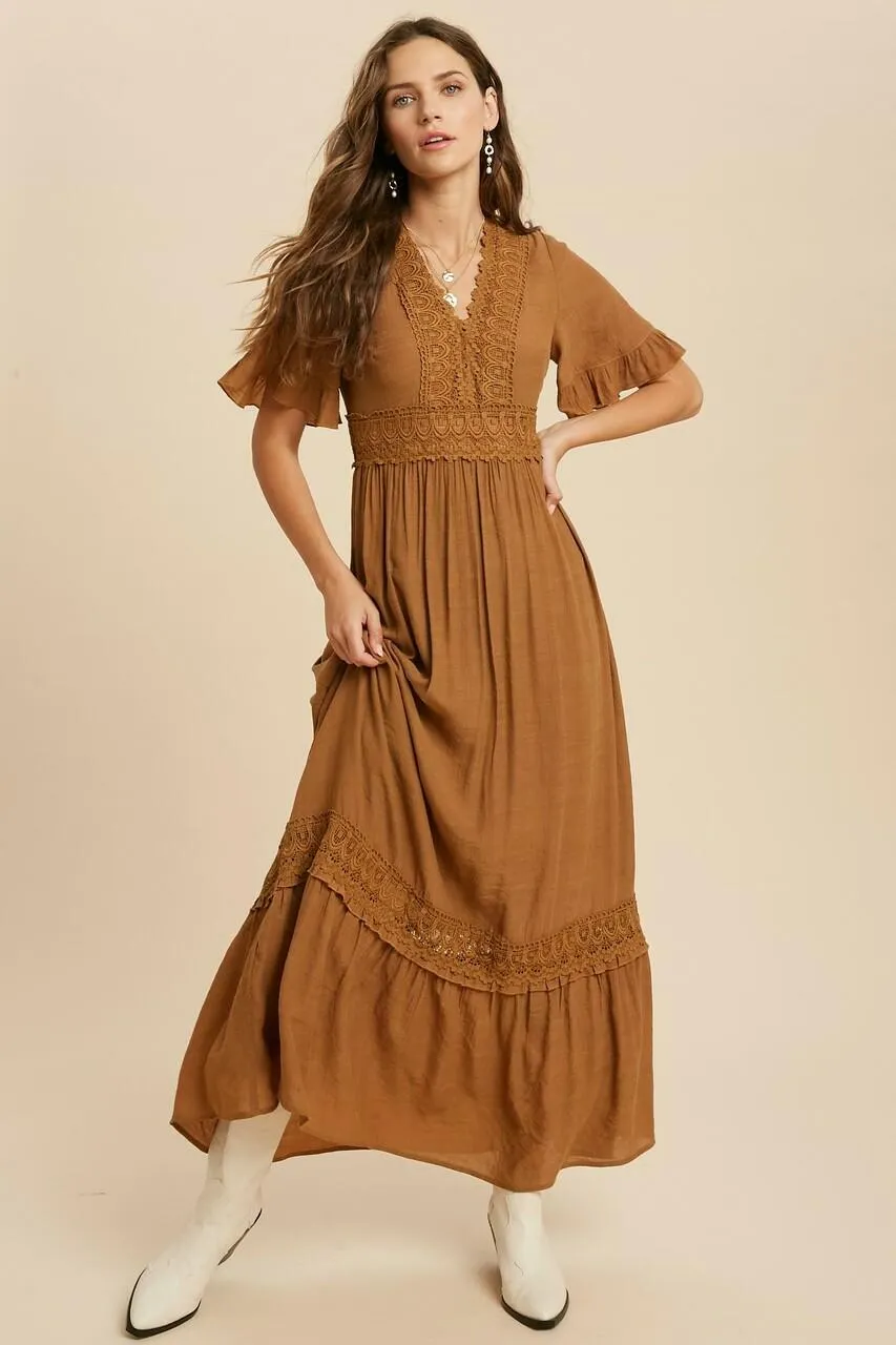 Heart Of Soul Camel Short Sleeve Maxi Dress