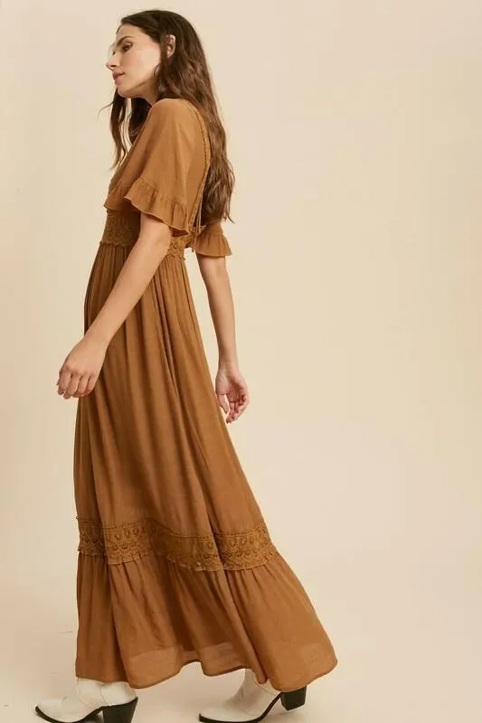 Heart Of Soul Camel Short Sleeve Maxi Dress
