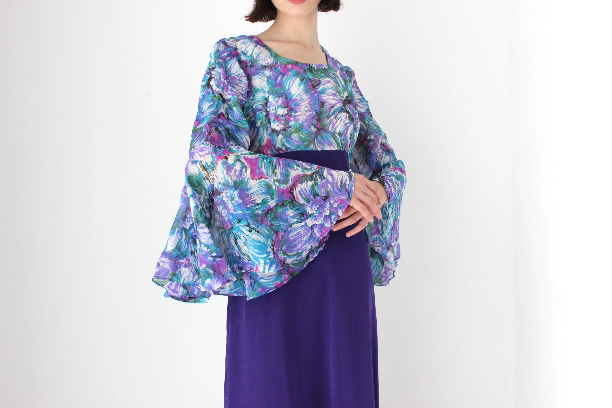 Incredible 70s Dramatic Flare Sleeve Gown