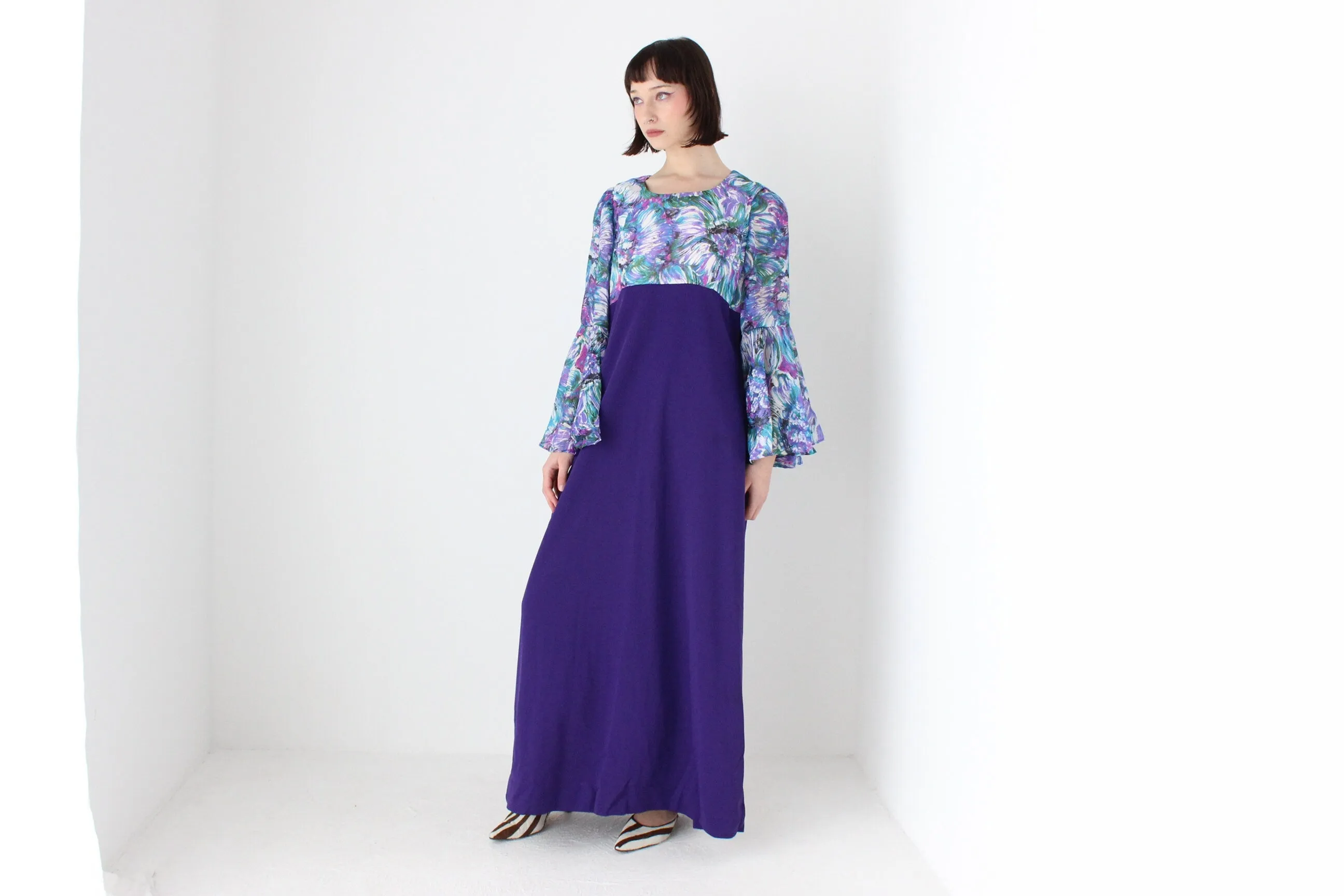 Incredible 70s Dramatic Flare Sleeve Gown