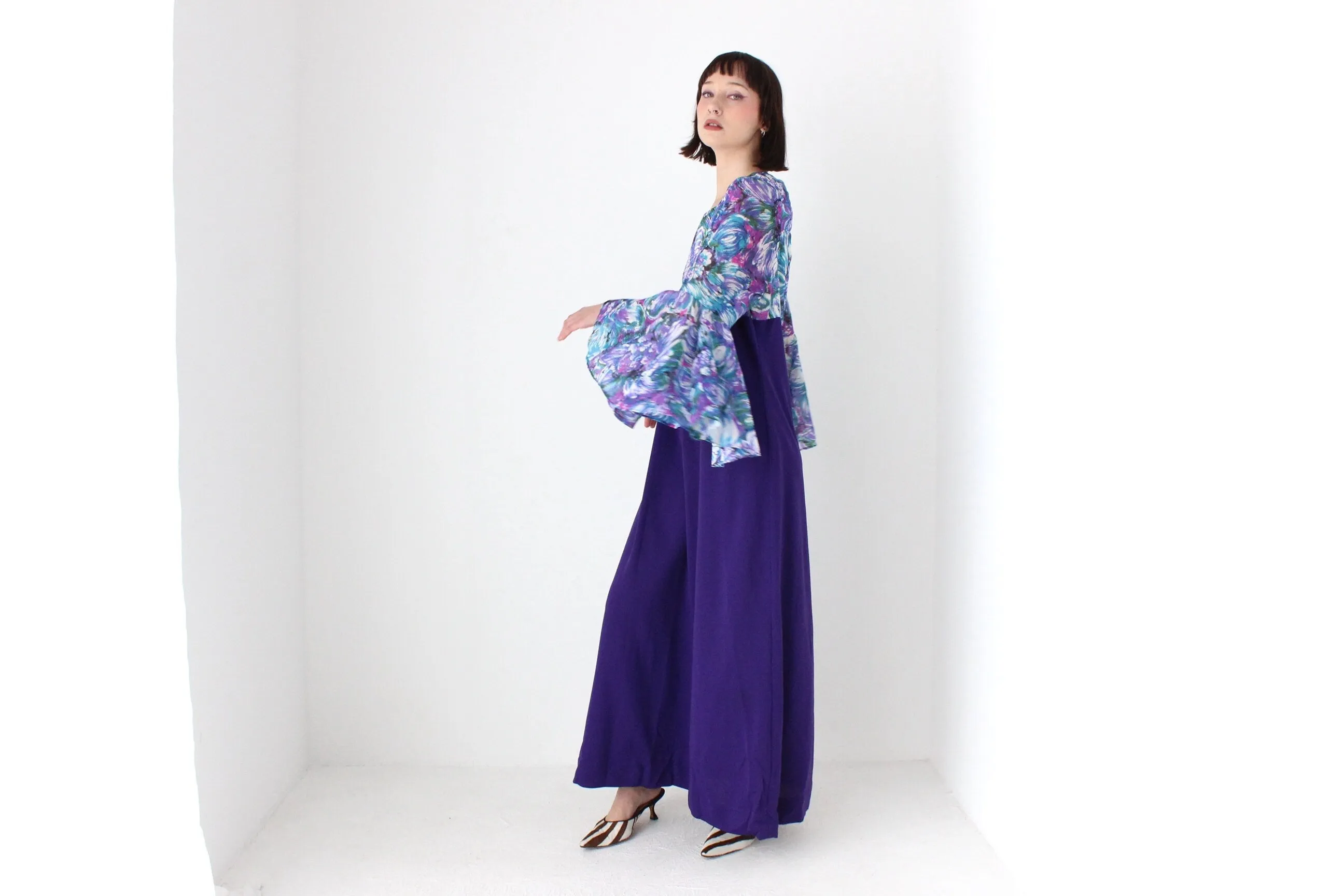 Incredible 70s Dramatic Flare Sleeve Gown