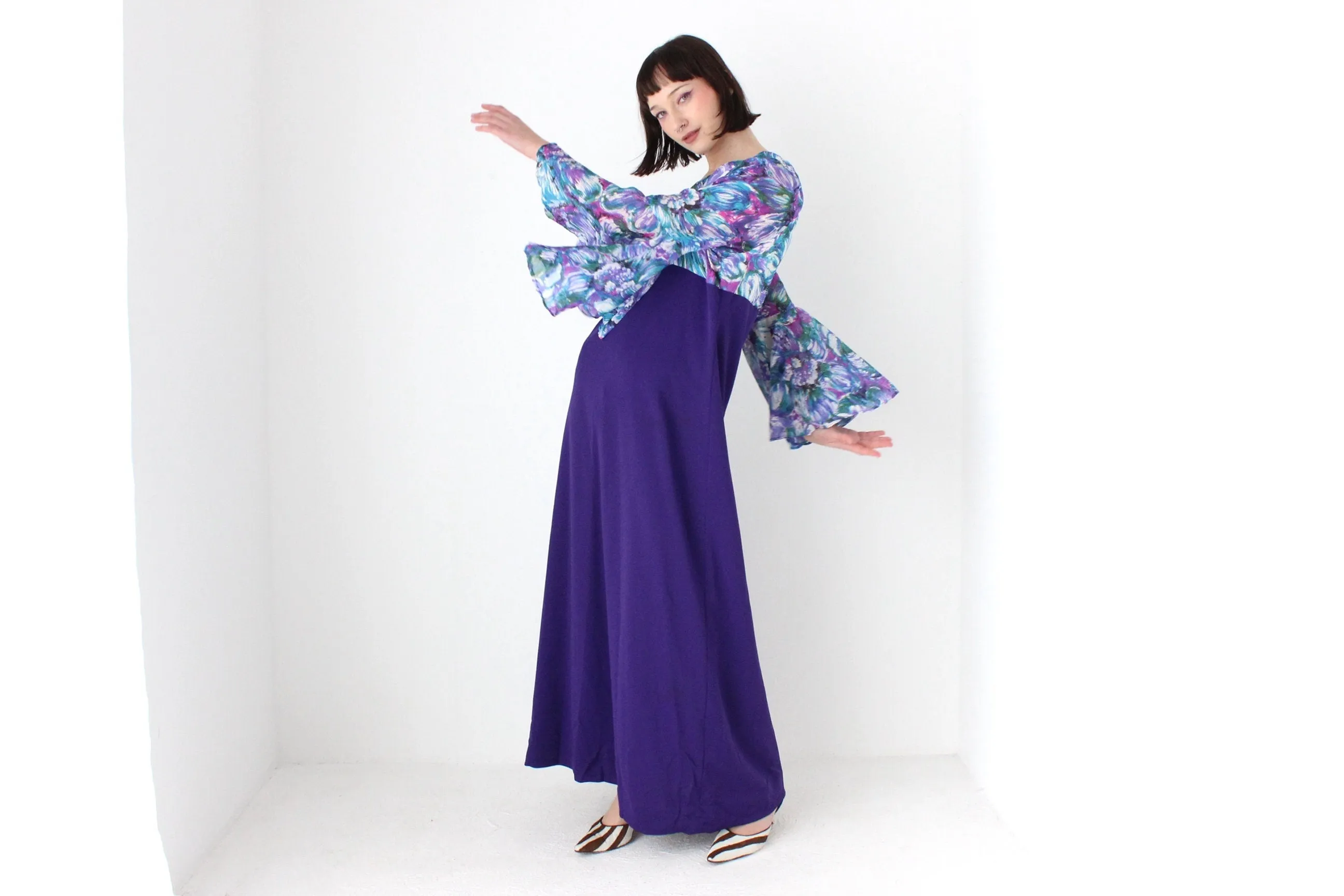 Incredible 70s Dramatic Flare Sleeve Gown