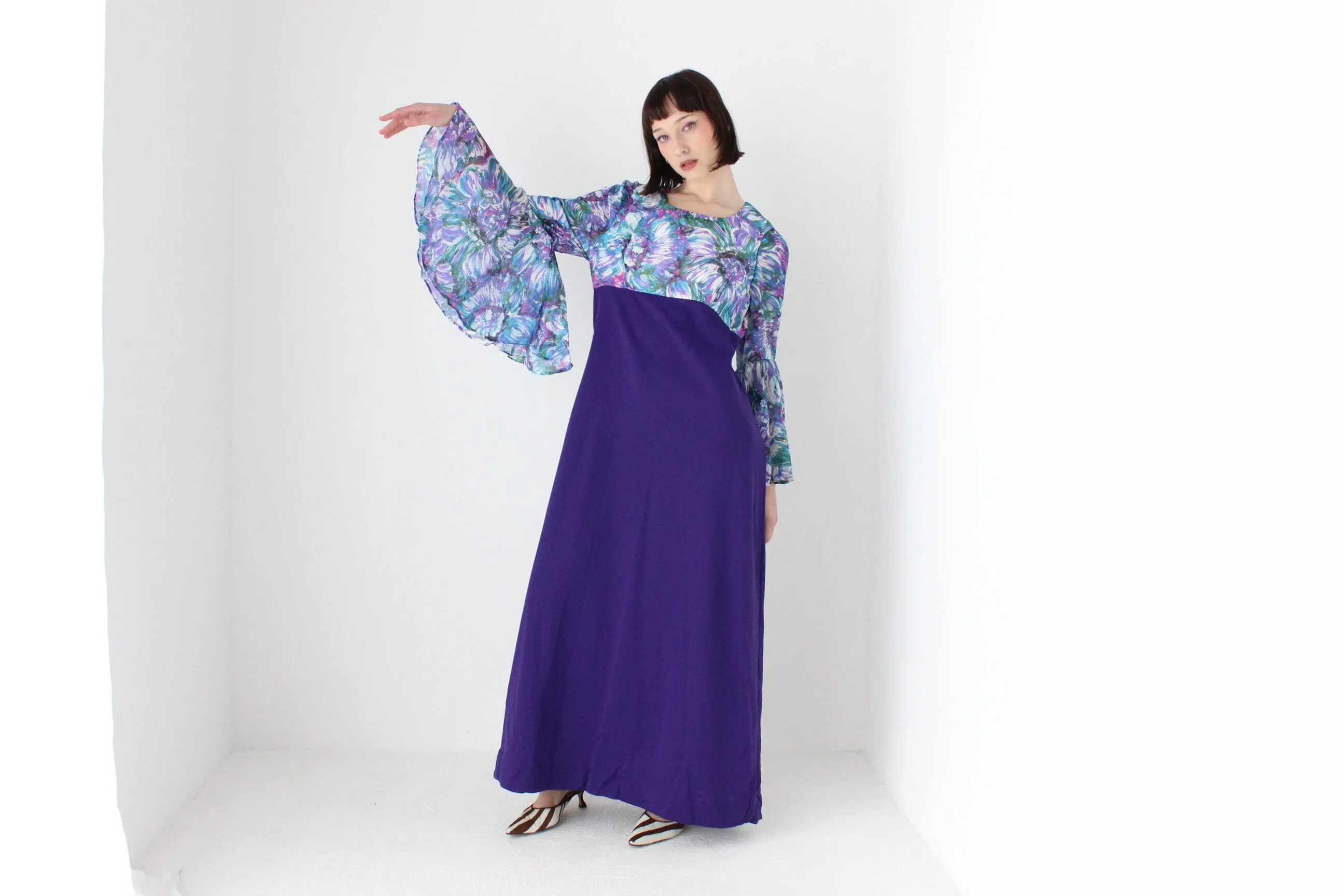 Incredible 70s Dramatic Flare Sleeve Gown