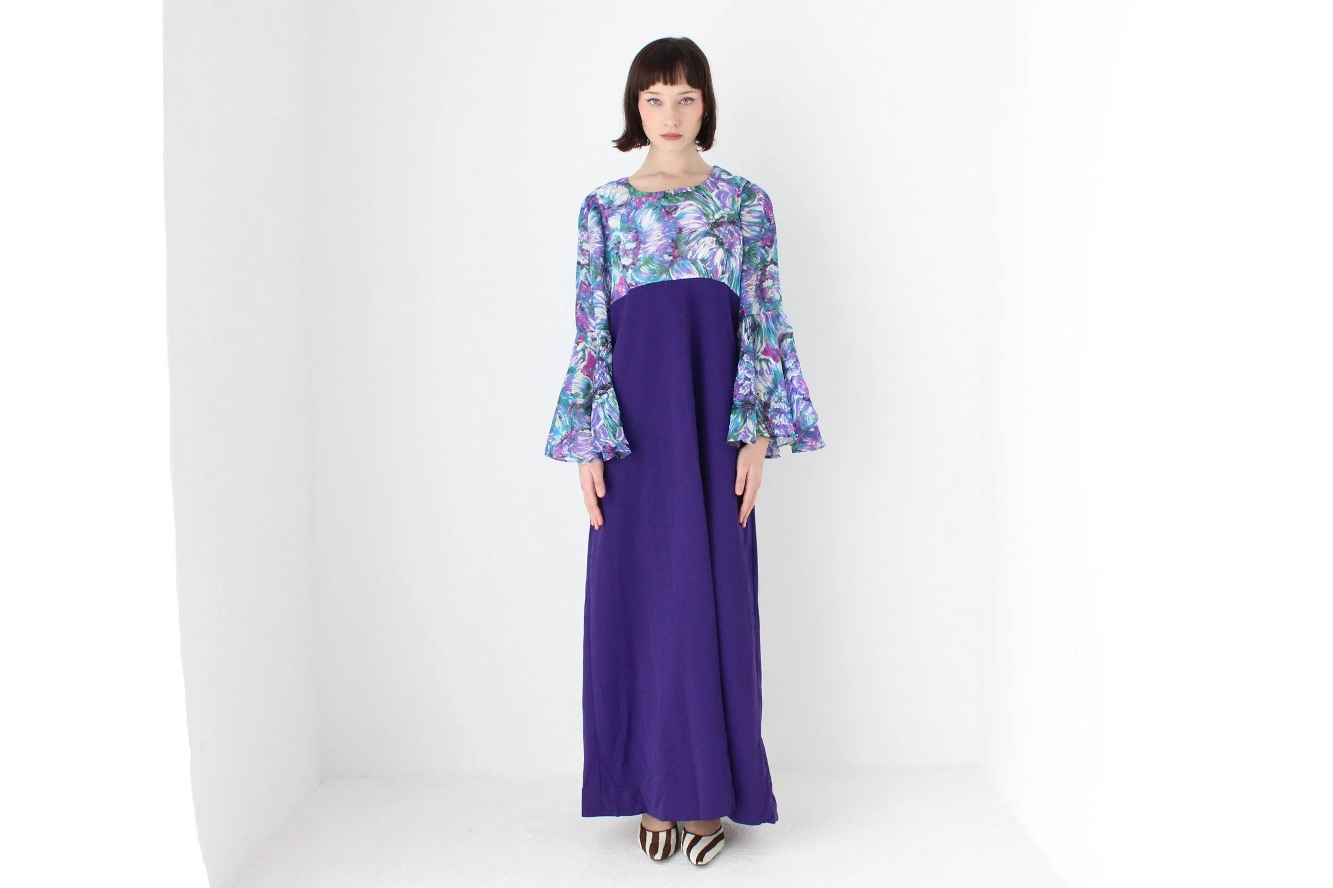 Incredible 70s Dramatic Flare Sleeve Gown