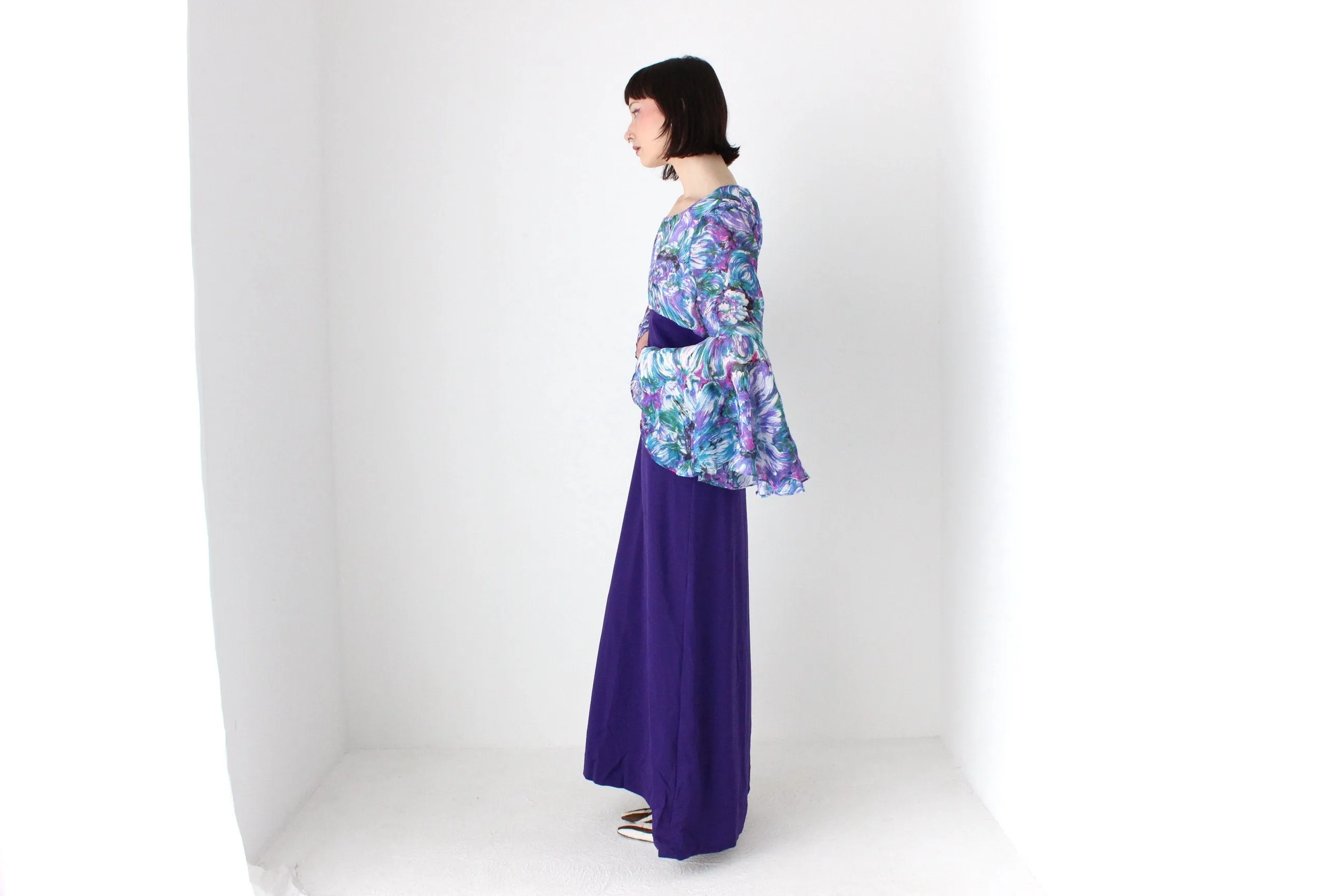 Incredible 70s Dramatic Flare Sleeve Gown