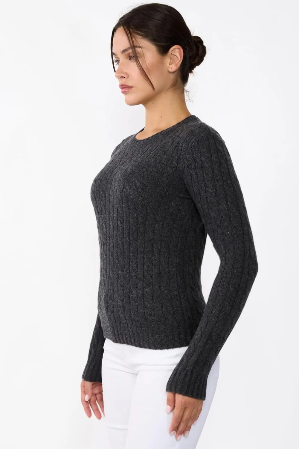 JENNIE LIU 100% Cashmere Crewneck Sweater | Chuncky Cashmere Cable-Knit Sweaters for Women