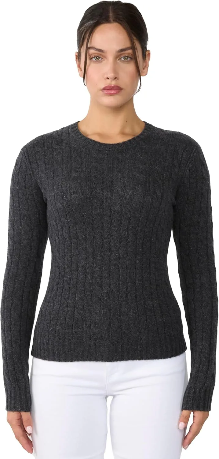 JENNIE LIU 100% Cashmere Crewneck Sweater | Chuncky Cashmere Cable-Knit Sweaters for Women
