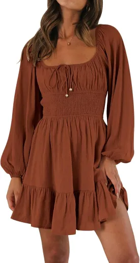 LILLUSORY Women's Long Sleeve Mini Cottagecore Dresses 2025 Summer Square Neck Casual Flowy Short Dress Spring Outfits