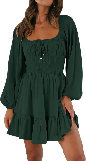 LILLUSORY Women's Long Sleeve Mini Cottagecore Dresses 2025 Summer Square Neck Casual Flowy Short Dress Spring Outfits