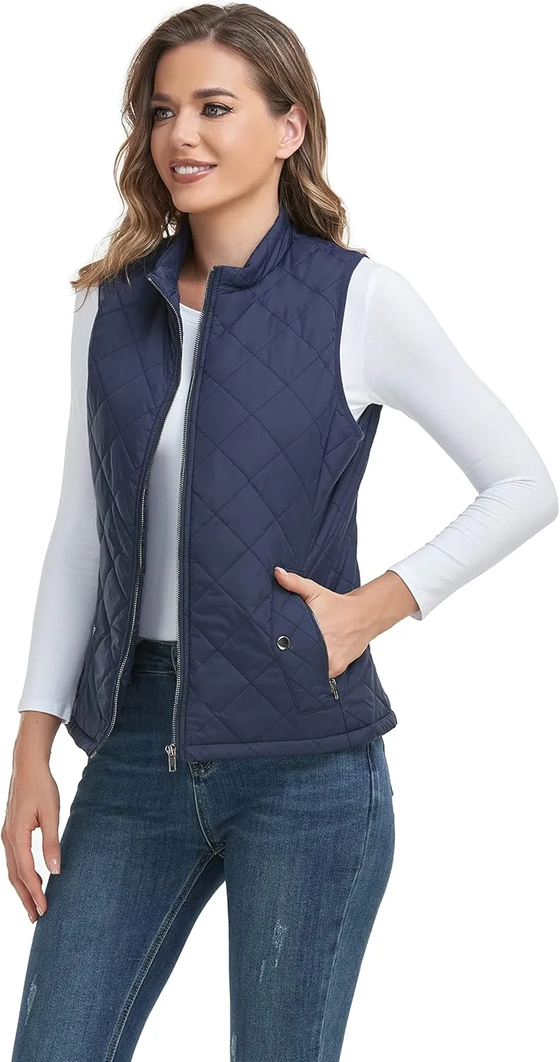 LONGKING 2025 Upgraded, Women's Outwear Vest With One Inner Pocket - Stand Collar Lightweight Zip Quilted Vest for Women