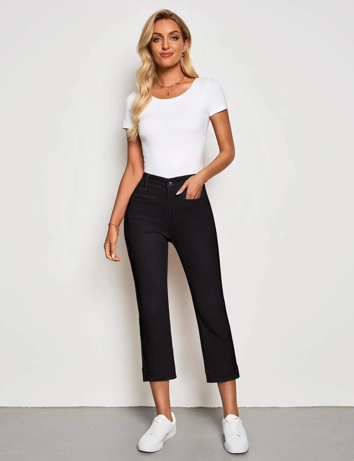 luvamia Capri Jeans for Women High Waisted Slim Straight Stretchy Denim Capris Pants Welt Pockets Casual Cropped Jeans