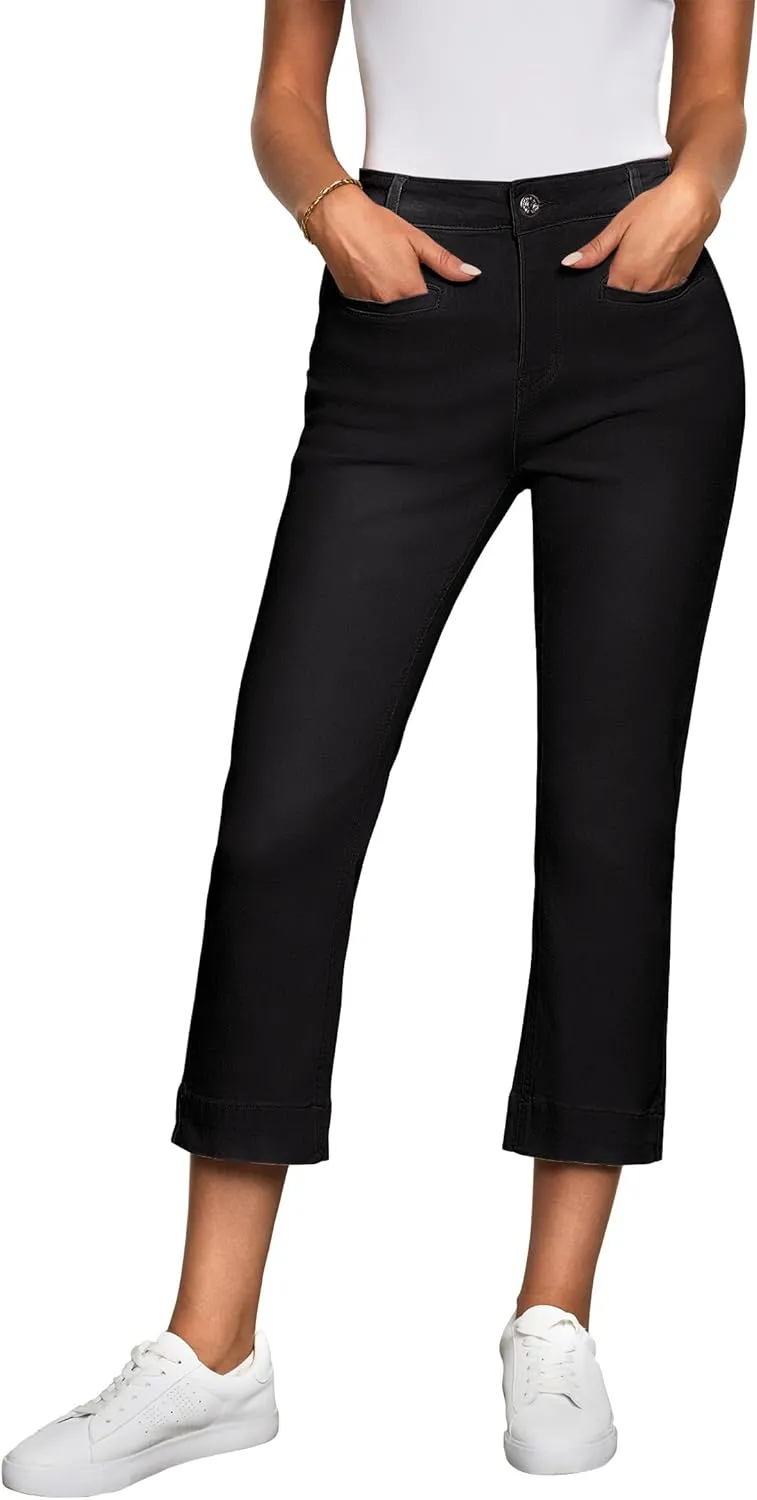 luvamia Capri Jeans for Women High Waisted Slim Straight Stretchy Denim Capris Pants Welt Pockets Casual Cropped Jeans