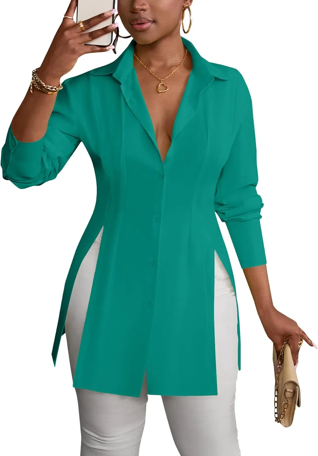 LYANER Women's Button Down Shirt Dress Collar V Neck Long Sleeve Slit Sexy Shirt Dresses
