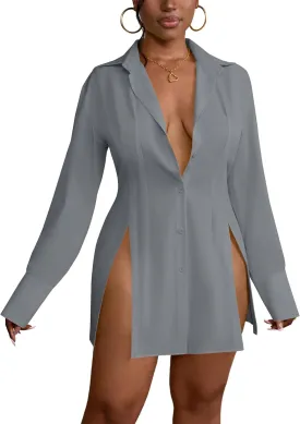 LYANER Women's Button Down Shirt Dress Collar V Neck Long Sleeve Slit Sexy Shirt Dresses