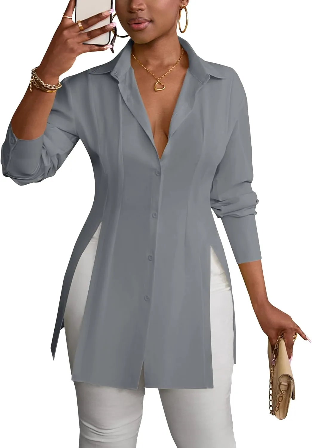 LYANER Women's Button Down Shirt Dress Collar V Neck Long Sleeve Slit Sexy Shirt Dresses