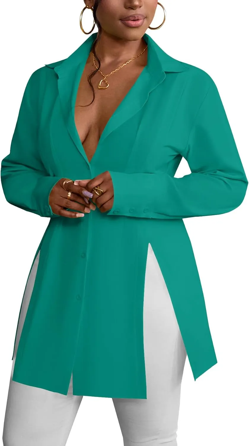 LYANER Women's Button Down Shirt Dress Collar V Neck Long Sleeve Slit Sexy Shirt Dresses