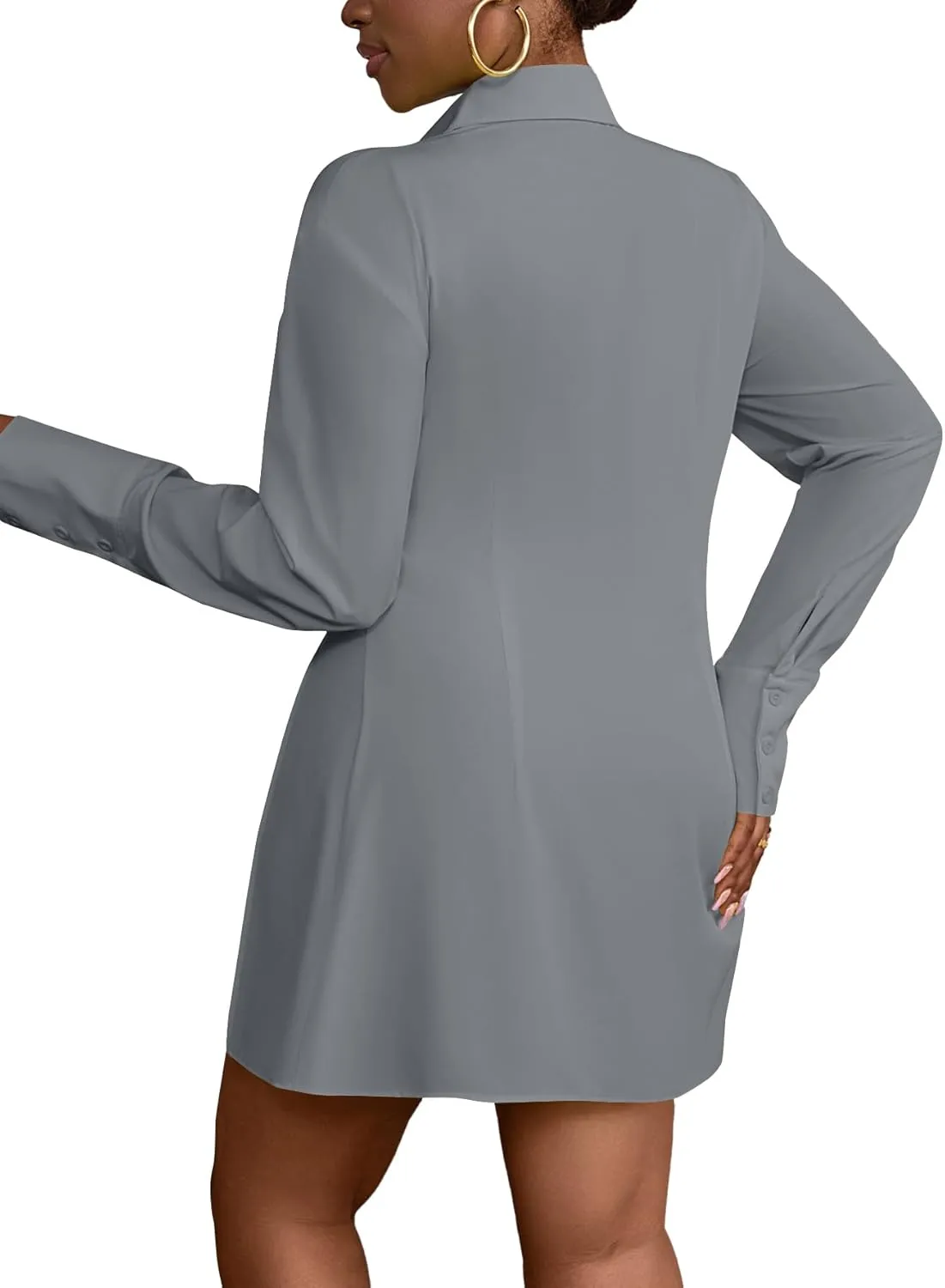 LYANER Women's Button Down Shirt Dress Collar V Neck Long Sleeve Slit Sexy Shirt Dresses
