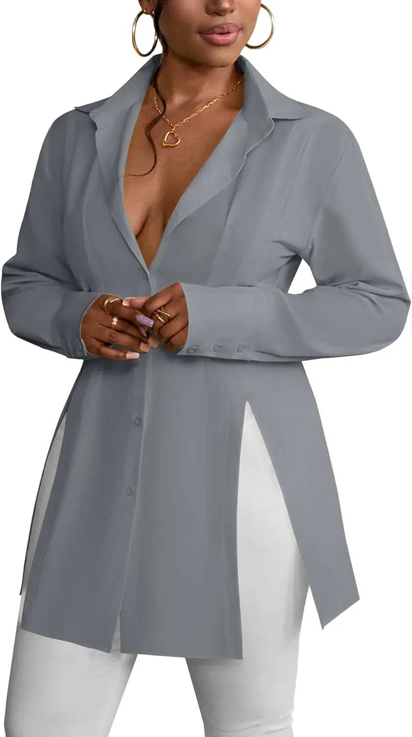 LYANER Women's Button Down Shirt Dress Collar V Neck Long Sleeve Slit Sexy Shirt Dresses