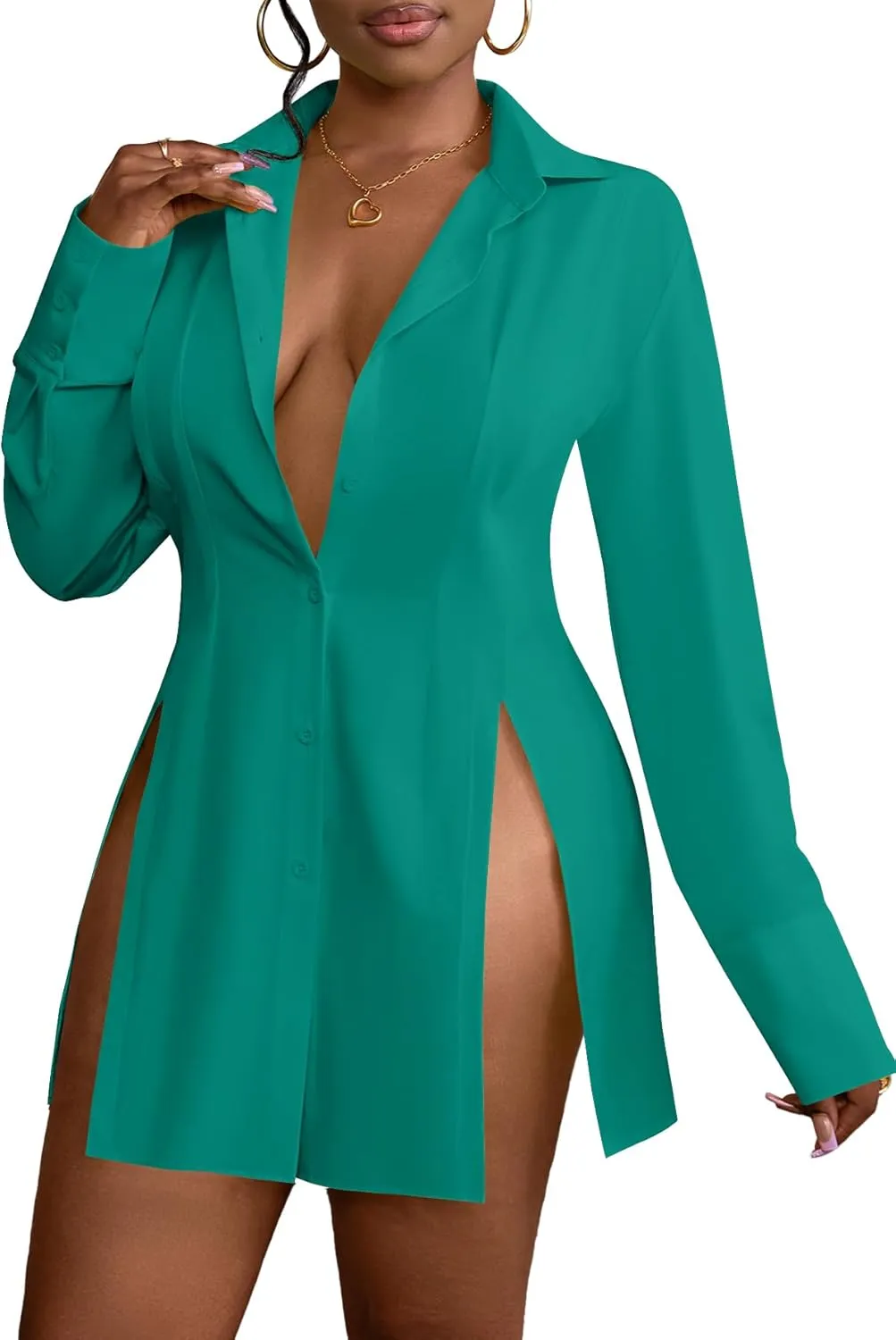LYANER Women's Button Down Shirt Dress Collar V Neck Long Sleeve Slit Sexy Shirt Dresses