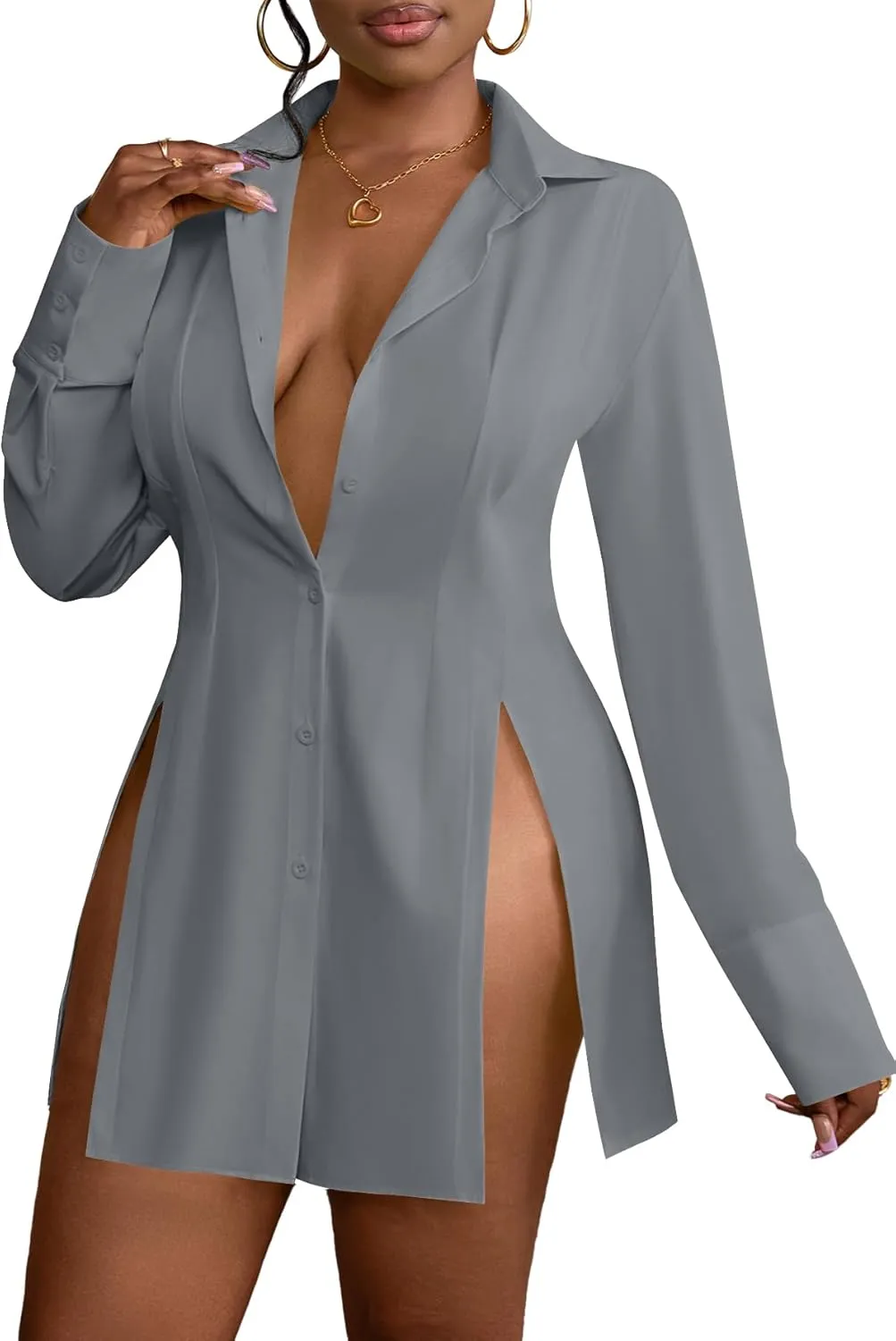 LYANER Women's Button Down Shirt Dress Collar V Neck Long Sleeve Slit Sexy Shirt Dresses