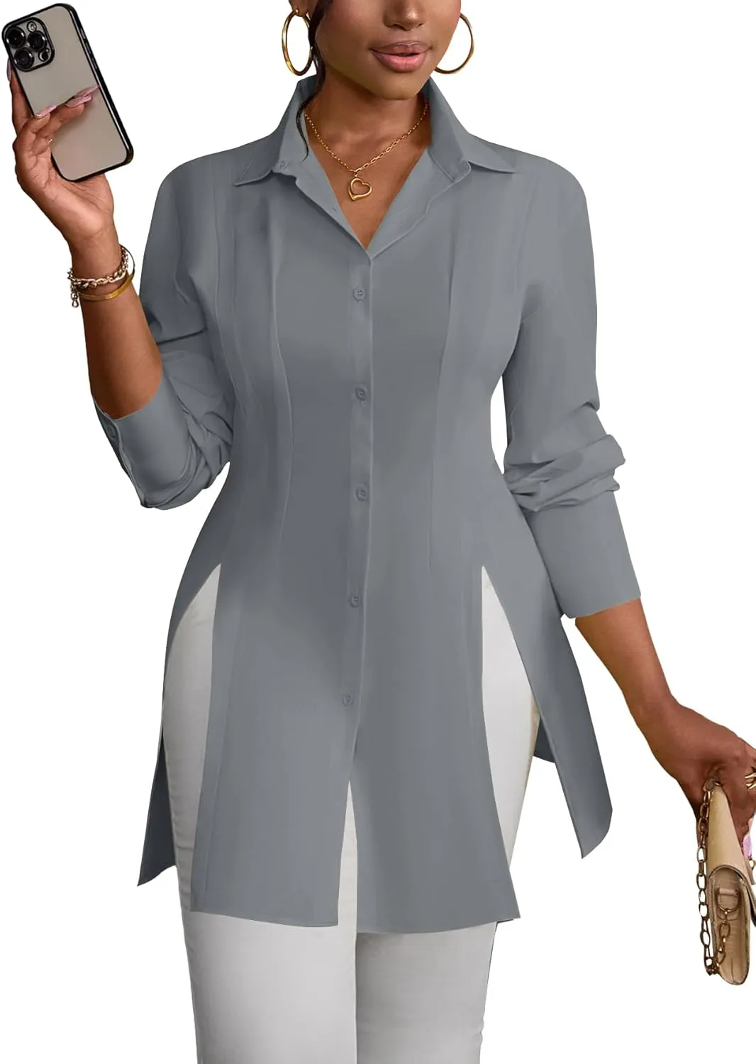 LYANER Women's Button Down Shirt Dress Collar V Neck Long Sleeve Slit Sexy Shirt Dresses