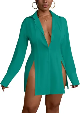 LYANER Women's Button Down Shirt Dress Collar V Neck Long Sleeve Slit Sexy Shirt Dresses