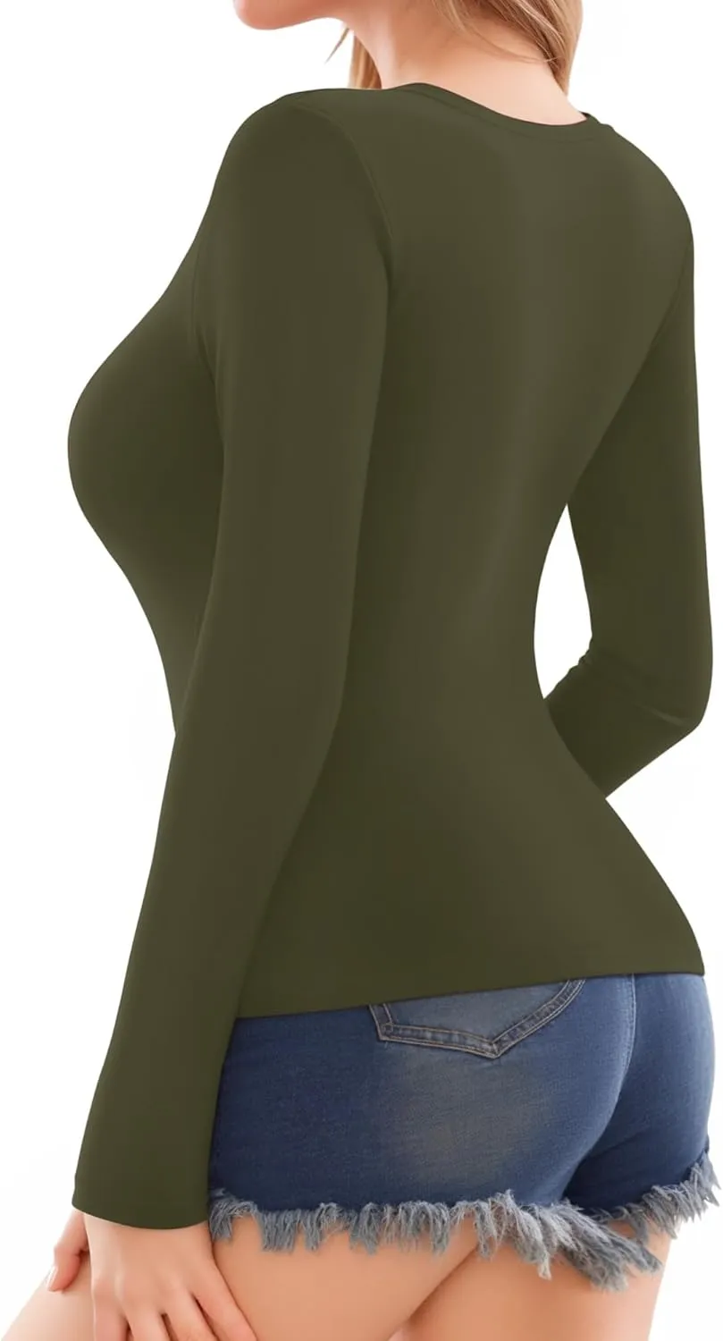 MANGOPOP Deep V Neck Long Sleeve Shirts for Women Sexy Slim Fitted T Shirt Tops