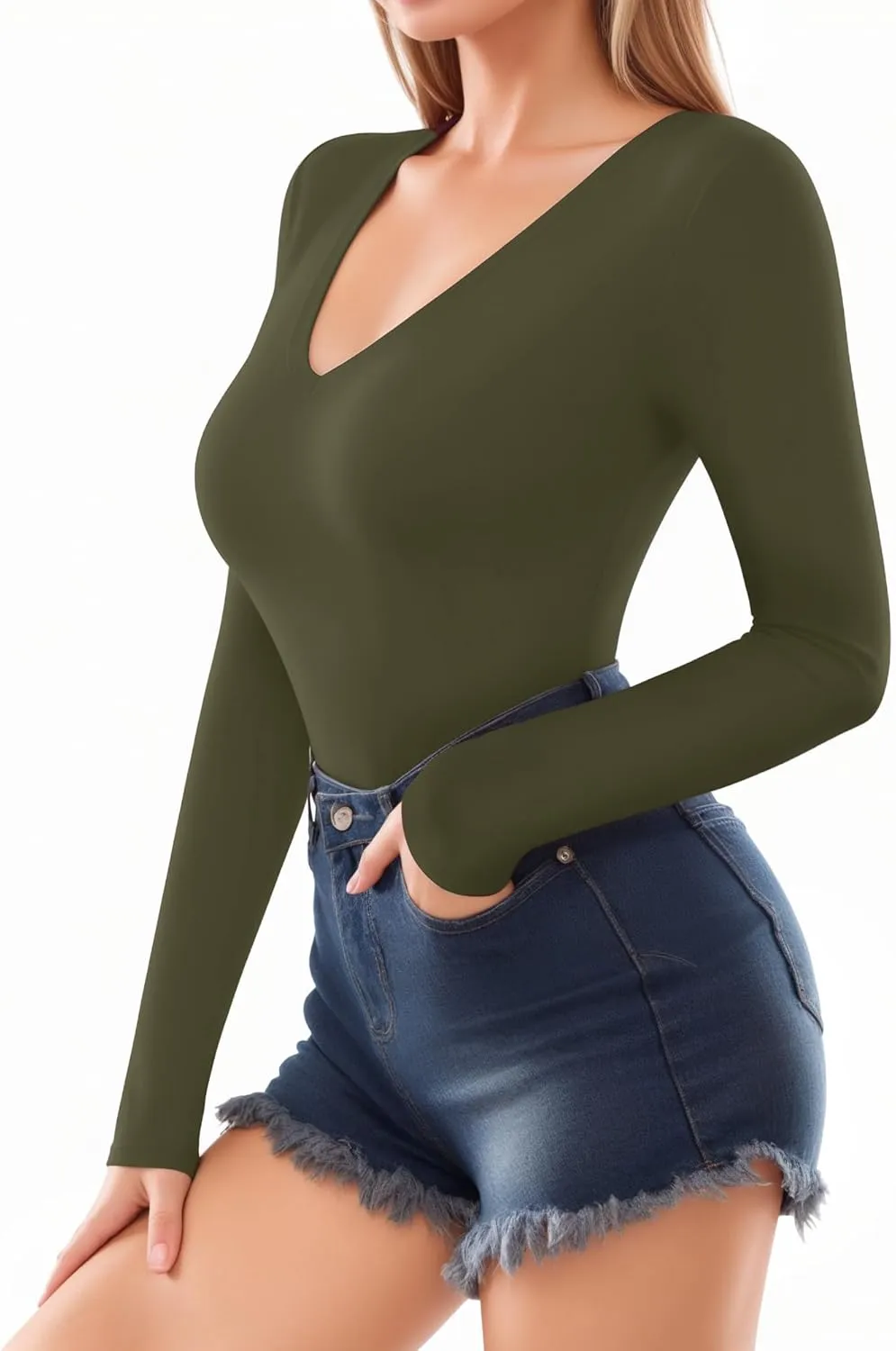 MANGOPOP Deep V Neck Long Sleeve Shirts for Women Sexy Slim Fitted T Shirt Tops