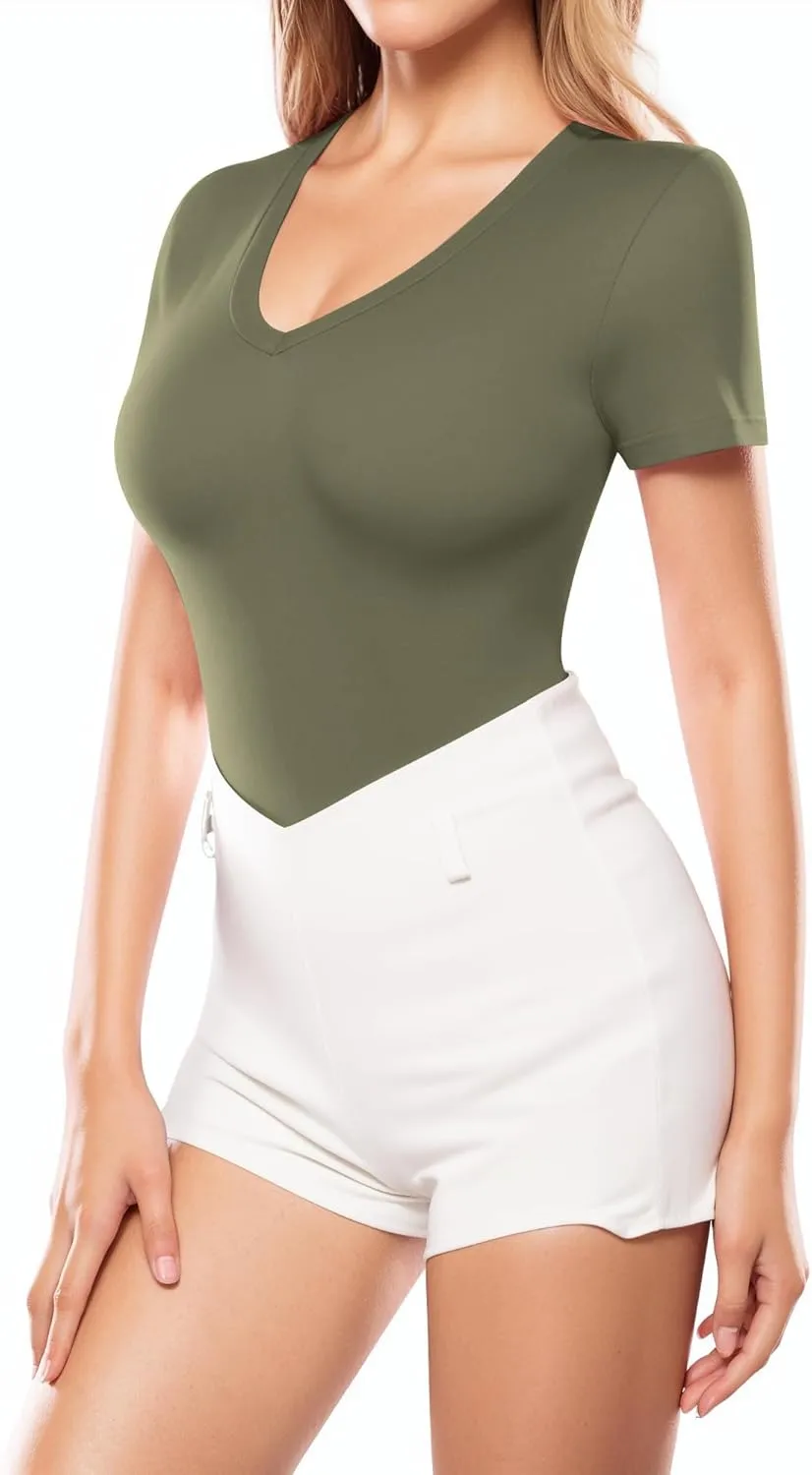 MANGOPOP Womens Deep V Neck Short Sleeve Slim Fit T Shirt Tops Tee