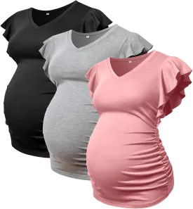 Maternity Pregnancy V Neck Fly Short Sleeve Stylish T Shirt Pregnant Side Ruched Top Shirt