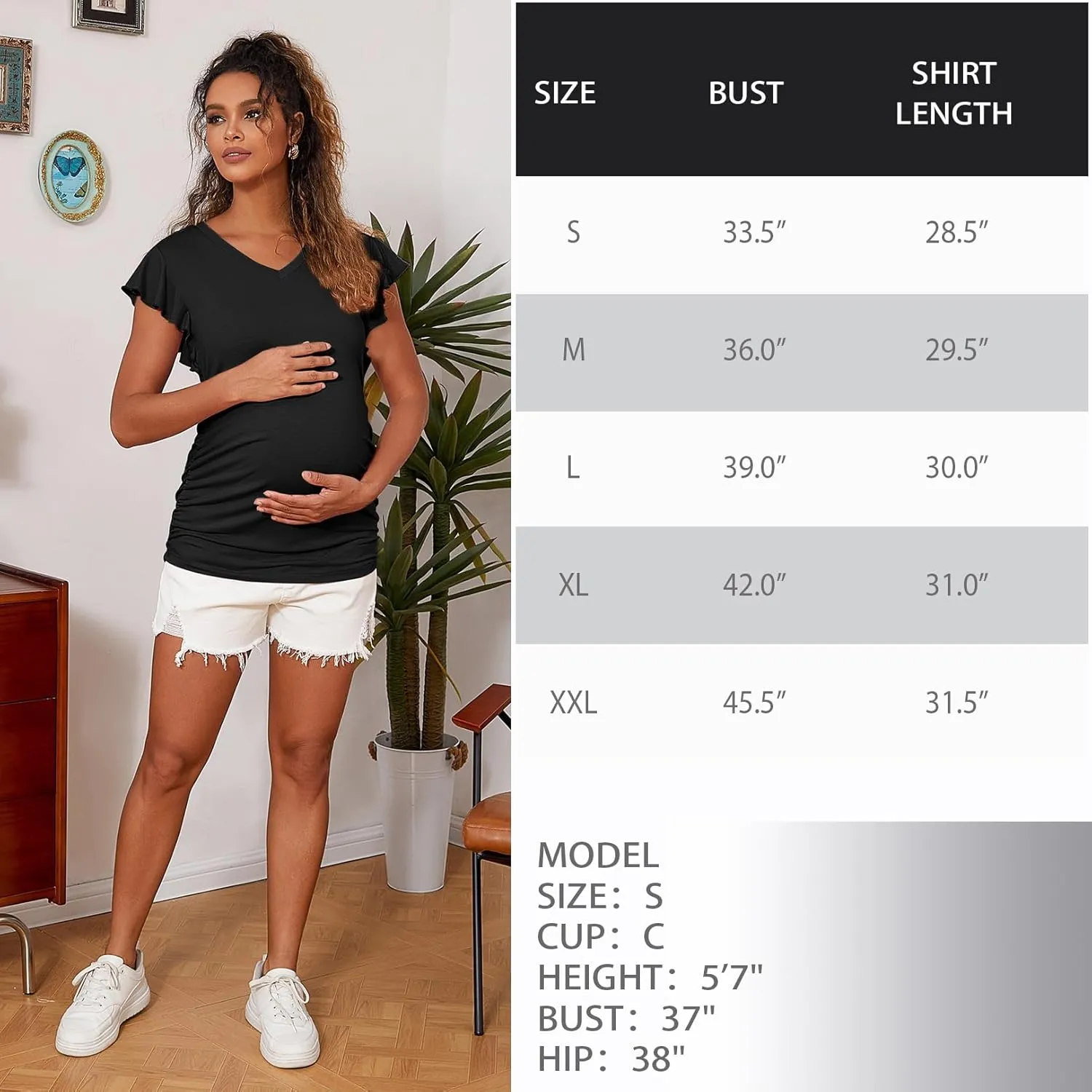 Maternity Pregnancy V Neck Fly Short Sleeve Stylish T Shirt Pregnant Side Ruched Top Shirt