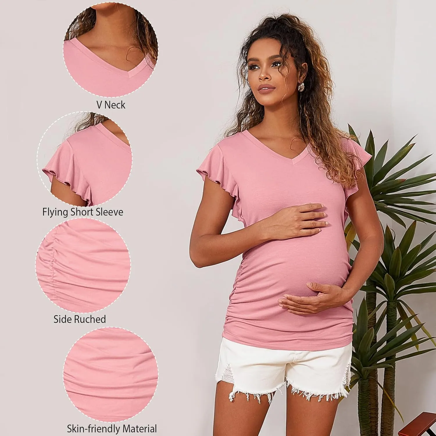 Maternity Pregnancy V Neck Fly Short Sleeve Stylish T Shirt Pregnant Side Ruched Top Shirt