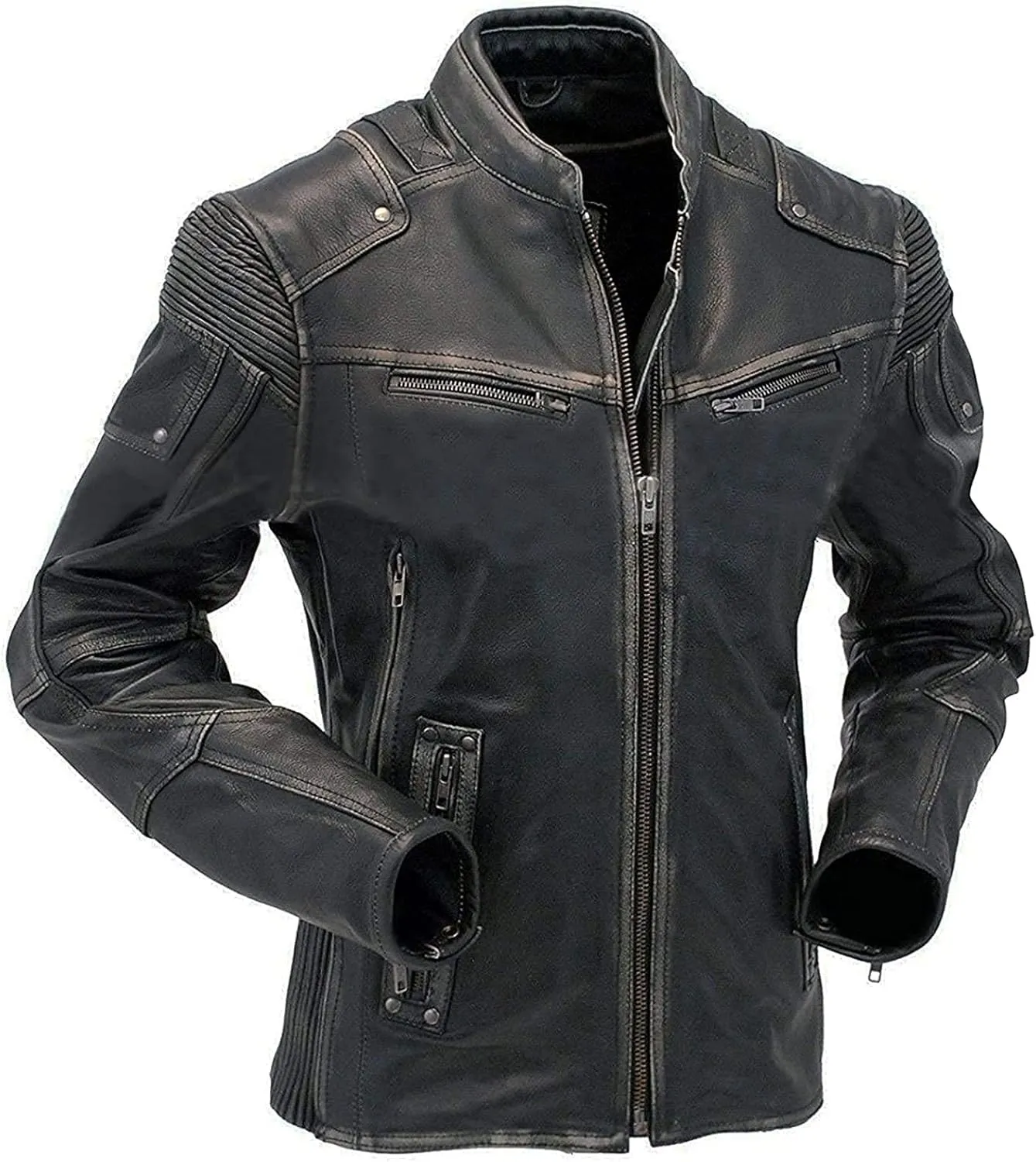 Men Leather Jacket - Mens Cafe Racer Motorcycle Jacket - Distressed Lambskin Biker Leather Jackets for Men
